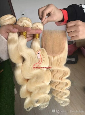 

3 Bundle Hair with Lace Closure Body Wave Brazilian Virgin Human Hair Extensions Color 613 Blonde