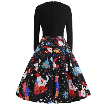 

Cross-border foreign trade Christmas womens autumn&winter round neck long-sleeved black spell printing retro large dress C056