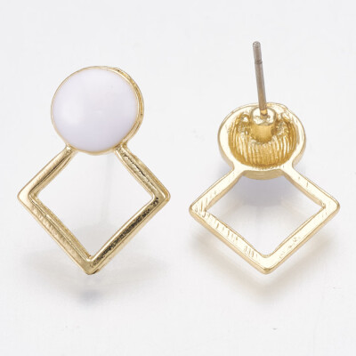 

Alloy Stud Earrings with Enamel Rhombus with Flat Round Light Gold White 185x13mm Pin 07mm