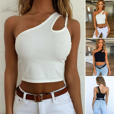 

Women&39s Crop Tops Hollow-out Vest with One-shoulder Strap Sleeveless Casual Top