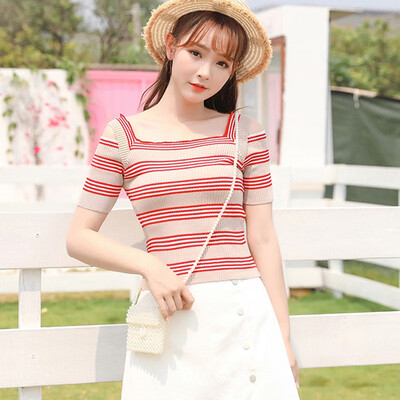 

Knit Striped Short Sleeve Square Neck Slim Fit T-shirt Women Summer Casual Tops