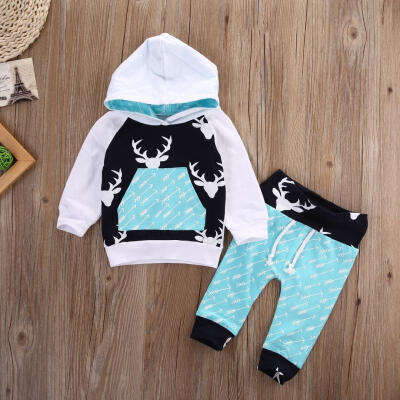 

Hot Xmas Toddler Kids Baby Boy Girl Deer Hooded Tops Pants Outfits Set Clothes