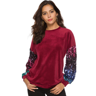 

Nomeni Fashion Women Loose Long Sleeve Sequined Patchwork Casual T-Shirt Blouse Tops