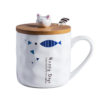 

Fashion Creative Cat&Fish Group Mark Ceramic Cup Cartoon with Spoon with Lid Breakfast Milk Water Mugs Drinkwar