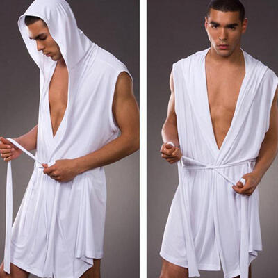 

Summer Mens Sexy Hooded Robe Sleeveless Ice Silk Pajamas Plus Size Men Lounge Kimono Sleepwear Sexy Smooth Bathrobe