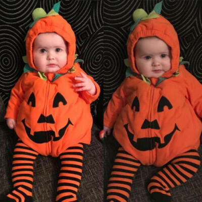 

Infant Newborn Baby Pumpkin Romper Boys Girls Halloween Hoodie Jumpsuit Outfit