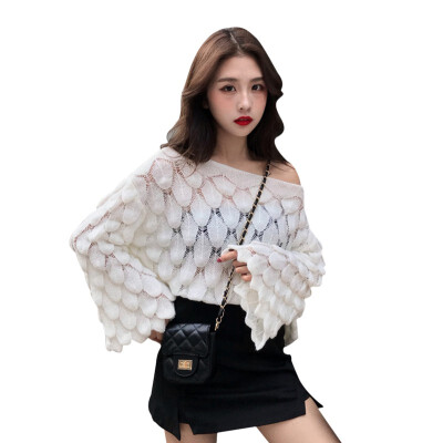 

Autumn Korean Style Womens Solid Sexy Hollow Out Sweater Loose Casual Flare Sleeves Thin Knit Pullover Hot