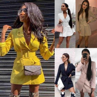 

Women Solid Bodycon Lapel Blazer Double Breasted Long Sleeve V-neck Dress Formal