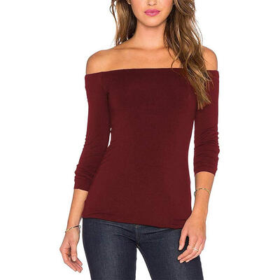 

Women Boat Neck Tops Long-Sleeves Female Fit Stretchy Off Shoulder T-Shirt