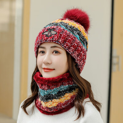 

Womens hat autumn winter wool warm-keeping knit cap small-bee head cap two-piece suit