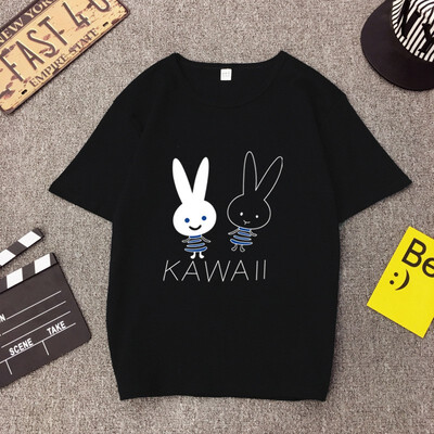 

Womens Round Neck Cartoon Two Rabbits Print Short Sleeve Thinness T-Shirt Loose Cotton Blend T-Shirt