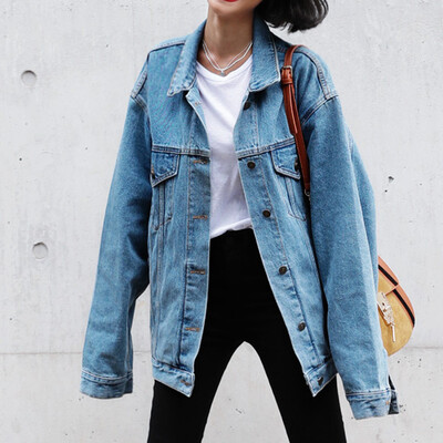 

Toponeto Women Loose Long Sleeve Jeans Coat Retro Cowboy Denim Loose Casual Jacket