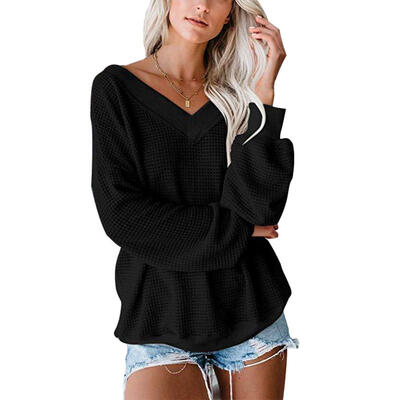 

Autumn Cotton V-neck Loose Long Sleeves T-shirt Solid Knitted Women Tops