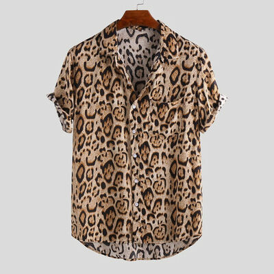 

Mens Slim Fit Leopard Printed Shirts Short Sleeve Casual Beach Blouse Tops Tees