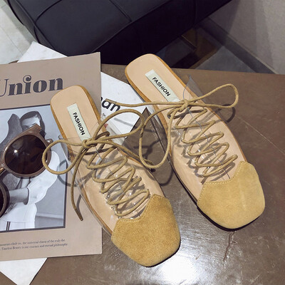 

Slipper women 2019 spring new fashion transparent plastic square lace-up slippers Korean version of flat-bottomed Mueller shoes ti