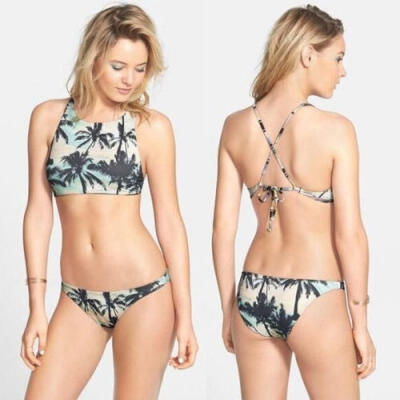 

Fashion Sexy Women Floral Swimwear Bikini Set Bandeau Coconut Tree Triangle & Push-Up Bra Swimsuit Light Blue