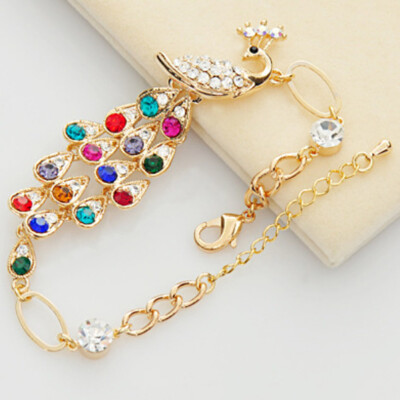 

Vintage Colorful Rhinestones Peacock Bracelets Bangles Shiny Chain Jewelry For Women Girl Chic