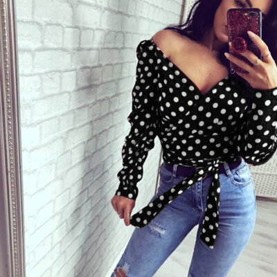 

Womens Summer V-neck Long Sleeve Sunscreen Sexy Casual Dots Lace Up Blouse Tops