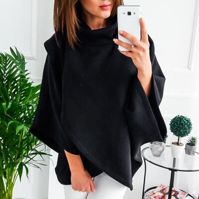 

Womens Fashion Solid Color Loose Cloak Sweater High Collar Irregular Tops Warm
