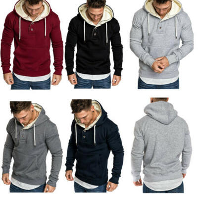

Men Winter Casual Hoodie Warm Sweatshirt Button closure Coat Sweater Pullover
