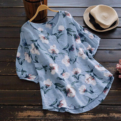 

Starmoon Women Shirt V Neck Half Sleeve Linen Vintage Boho Floral Print Tops Loose Blouse