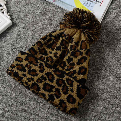 

Women Leopard Print Crochet Wool Knitted Ski Ball Cap Hair Ball Winter Warm Hat