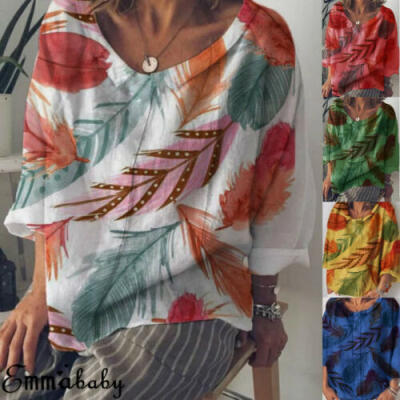 

US Fashion Womens Casual Tops Long Sleeve Loose Blouse Feather Print T-Shirts