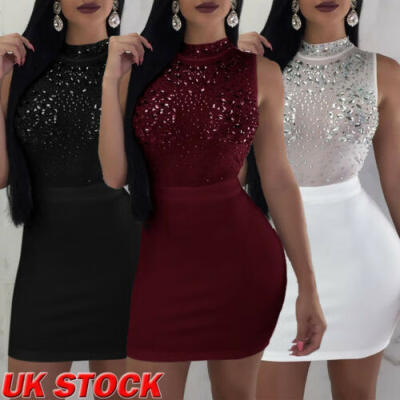 

UK Womens Ladies Sleeveless O Neck Shiny Mini Party Evening Bodycon Dress