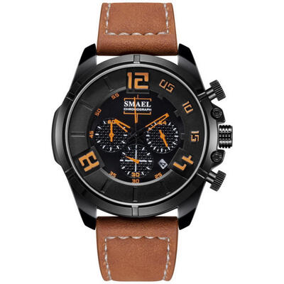

SMAEL 9075 Casual Quartz Watch Fashion Waterproof Wristwatch With Leather Strap Male Chronograph Watches