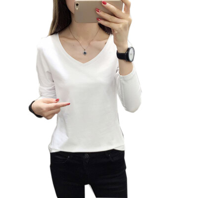 

Women V-neck T-Shirt Long Sleeved Bottoming Wild Casual Solid Color Simple Slim Tops