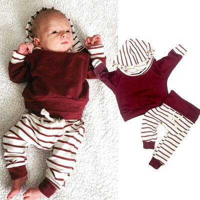 

Newborn Baby Boy Girl Long Sleeve Cotton Hooded Top T-shirt long Stripe Pants Outfit Clothes Set