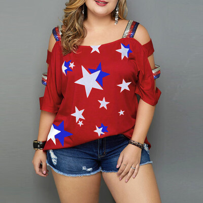 

Roseonmyhand Women Plus Size Casual Flag Print Off Shoulder Slings Sleeve Top T-Shirt