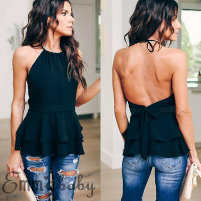 

Womens Halter Neck Blouse Sleeveless Backless Bow Tops Ladies Loose T-shirt Vest