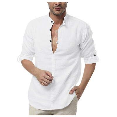 

Toponeto Mens Loose Cotton Blend Solid Color Button Long Sleeve Shirts Tops Blouse