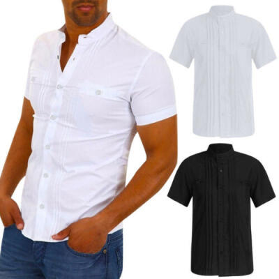 

Mens Henley Smart Grandad Short Sleeve Shirt Collar Cotton Loops Casual Soft Top