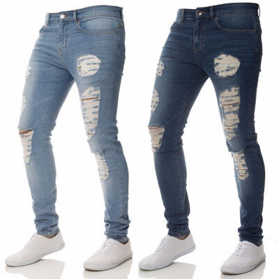 

2018 New Fashion Men&acutes Skinny Ripped Destroyed Distressed Jeans Plain Stretch Tapered Leg Pants