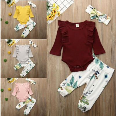 

3Pcs Baby Girls Romper Tops Bodysuit Flower Pants Headband Outfits Clothes Set