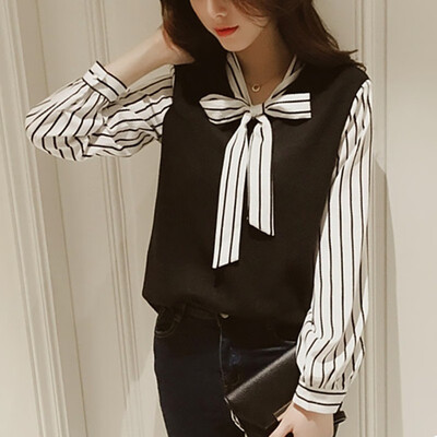

Black White Striped Blouse Womens Tops And Blouses Long Sleeves Women Blusas 2018 Autumn V-Neck Blouse Patchwork Knitted Shirt