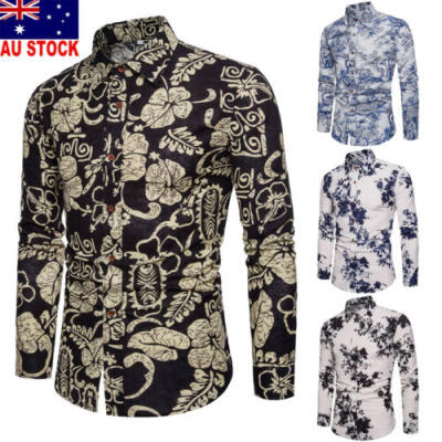 

AU Men Long Sleeve Button Collar Floral Vintage Casual Dress Slim Fit Shirt Tops