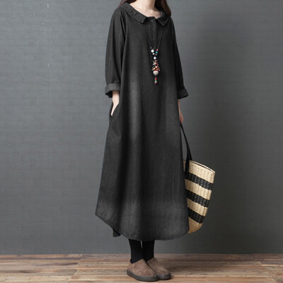 

Tailored Women Fashion Casual Denim Loose Dress Doll Collar Pocket Button Long Dress