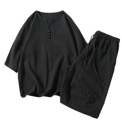 

Toponeto Summer Fashion Mens Cotton And Linen Short Sleeve Shorts Set Suit Tracksuit