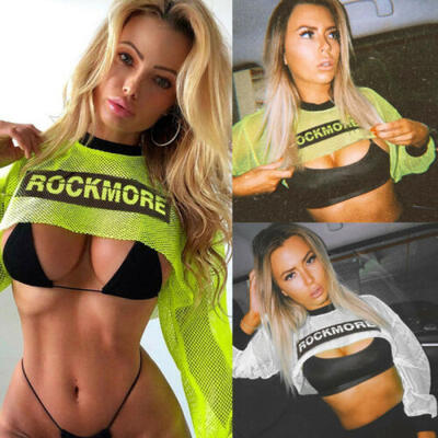 

Womens Summer Sexy Sheer Mesh Fish Net Long Sleeve See Crop Top T-Shirt Blouse
