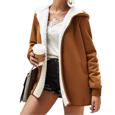 

Women Solid Color Plush Hooded Cardigan Long Loose Warm Sweater Coat Long-sleeved Outwear Tops