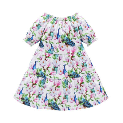 

Girls Short Sleeve Dress Animal Peacock Print Pleated Princess Summer Dress