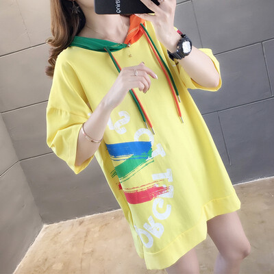 

Pre-Harajuku Letter Printed Long T Shirts For Women Summer Short Sleeve Hooded Tee Shirts Women Tops Hip Hop Style