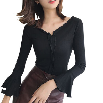 

Women Summer Long-sleeved T-shirt Solid Color Ruffled Short Section Slim Slimming Shirt V-neck Irregular Top