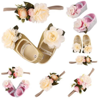 

Newborn Baby Girl Soft Sole Crib Shoes Headband 2pcs Anti-slip Sneaker Prewalker