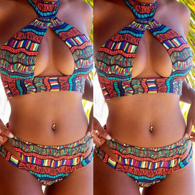 

Women&acutes Fashion Floral Printed Open Breast Bikini Sexy Beach Swimsuit Set