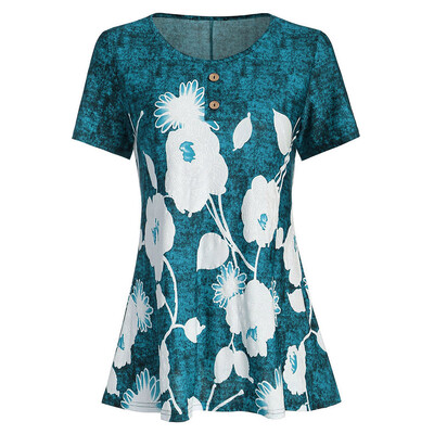 

Starmoon Womens Plus Size Casual O-Neck Short-Sleeved Printed Button T-shirt Top
