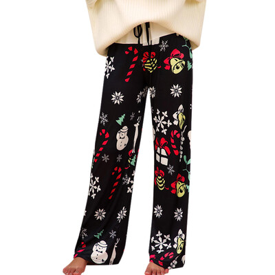 

Christmas Print Winter Mid Waist Wide Leg Pants Loose Frenulum Casual Lady Trousers